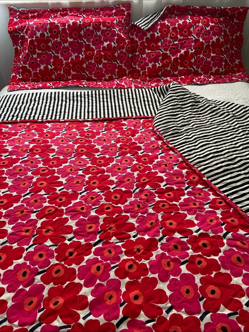Marimekko Mini Unikko Floral Set Comforter And 2 Shams Red Pink Queen